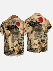 Japanese Traditional Drawings Godzilla Hawaiian Shirt, Classic Casual Aloha Top Shortsleeve Menswear, Stylish Tropical Collared Streetwear