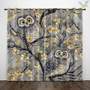 Owl Pattern Curtain, 2 Counts/set Digital Printing Curtain, Blocking Curtain, Grommet Top Curtain for Indoor Outdoor, Bedroom, Living Room Decoration
