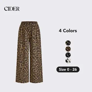 Cider Mid Rise Elastic Waist Leopard Wide Leg Trousers