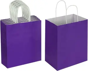 50 Pack 8x4.75x10 Inch Medium Purple Kraft Paper Bags with Handles Bulk for Birthday Wedding Party Favors Grocery Retail Shopping Takeout Business Goody Craft Gift Bags Sacks, (50pcs Count)