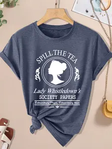 Spill The Tea Lady Whistledown Women's Casual Short Sleeve Crew Neck Round Neck Cotton T-Shirt Tee – Bestselling Bridgerton Graphic Print, Soft Khaki, Machine Washable Spring & Summer Top, Soft Skin-Friendly Fabric, Daily Versatile, Fashionable Design