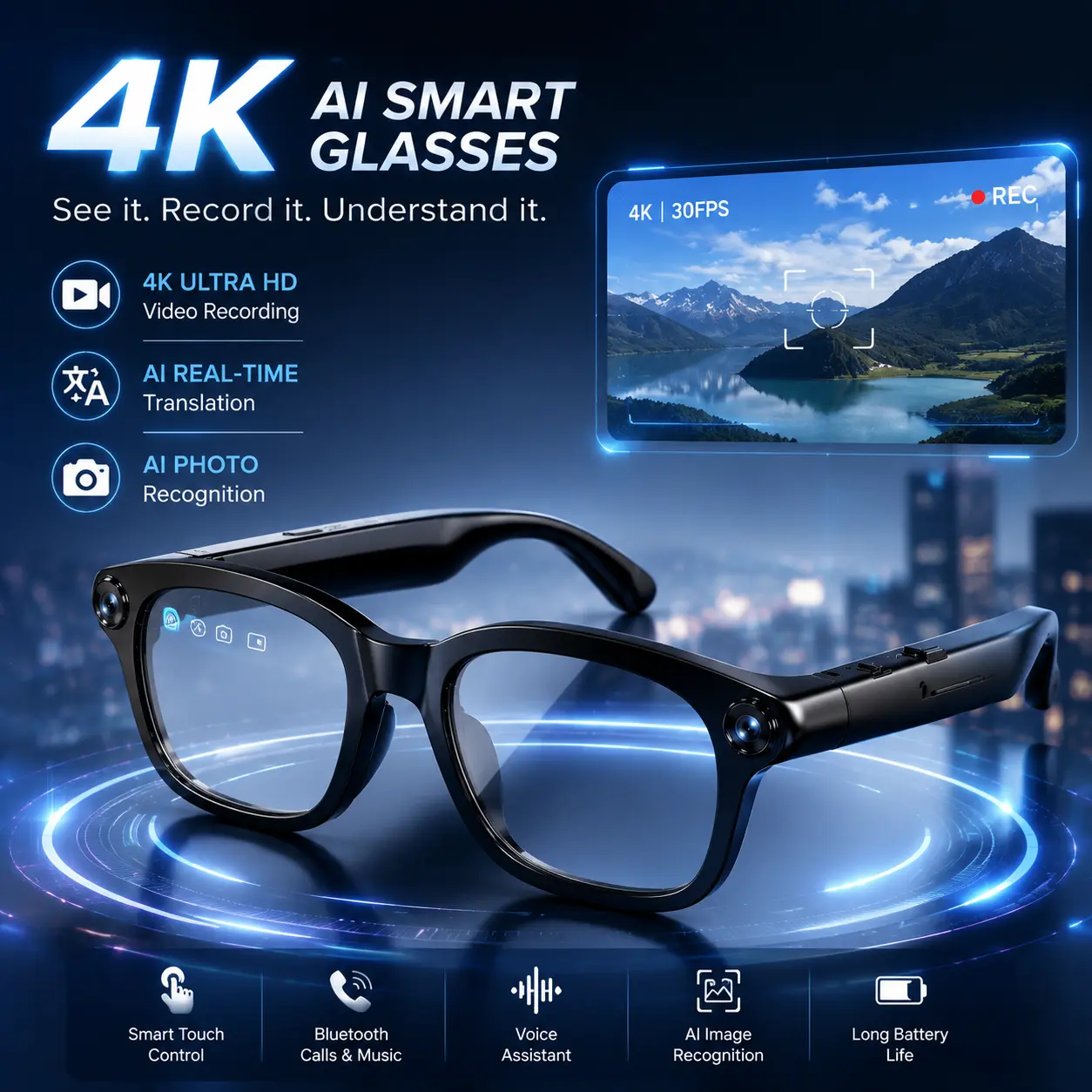 Smart Al Glasses, 4K Hands-Free Recording Real-TimeTranslation  Al Translator, BlueLight Blocking Functionality Hands-Free Vlog Photo & VideoCapture + Real-Time Translation Outdoor Adventures & DailyLife Wearable touch button control pro