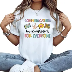 "Communication Looks Different For Everyone" Inclusive Speech Therapy T-Shirt, AAC & ASL Graphic Tee, White Casual Cotton Top, Autism Awareness Apparel,Women's fashion,summer Women's clothes,T-shirt