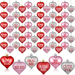 60 Pcs Valentine's Day Heart Shaped Hanging Ornaments with Love Letter for Valentines Tree Birch Tree, Red Pink Silver Glitter Heart Baubles Romantic Atmosphere Valentines Decor for Tabletop Bedside Bedrooms Room Mantle Birthday Wedding Party Home Decor