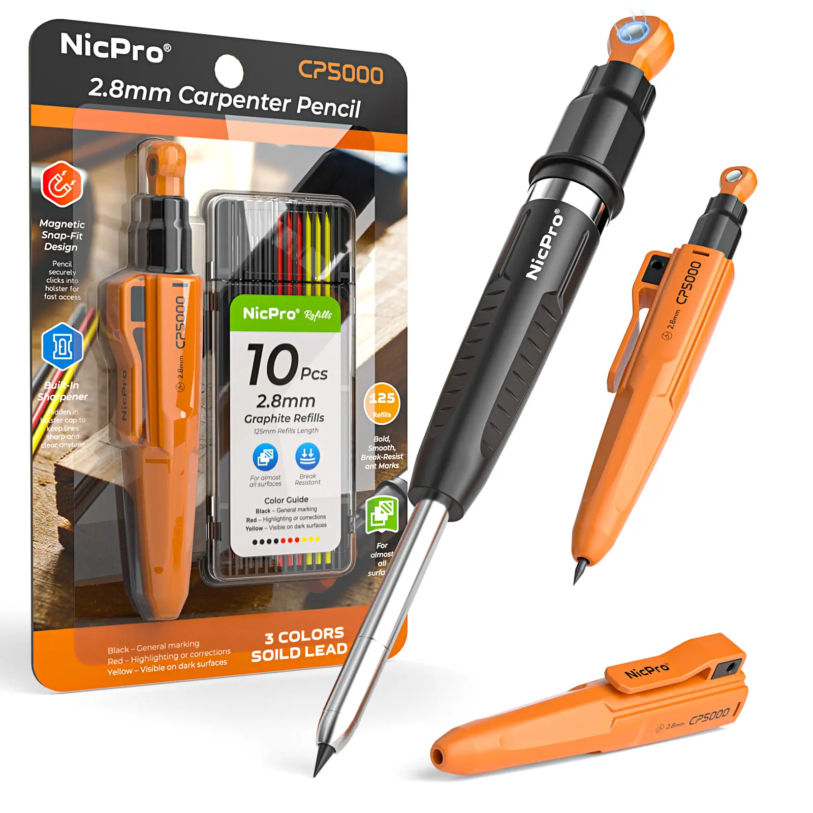 Nicpro Magnetic Mechanical Carpenter Pencils Set - 2.8mm Pencil, Sharpener, 10 Refills, Magnetic Pickup Tool, Precise Deep Hole Marking Tool for Construction Work Accessories