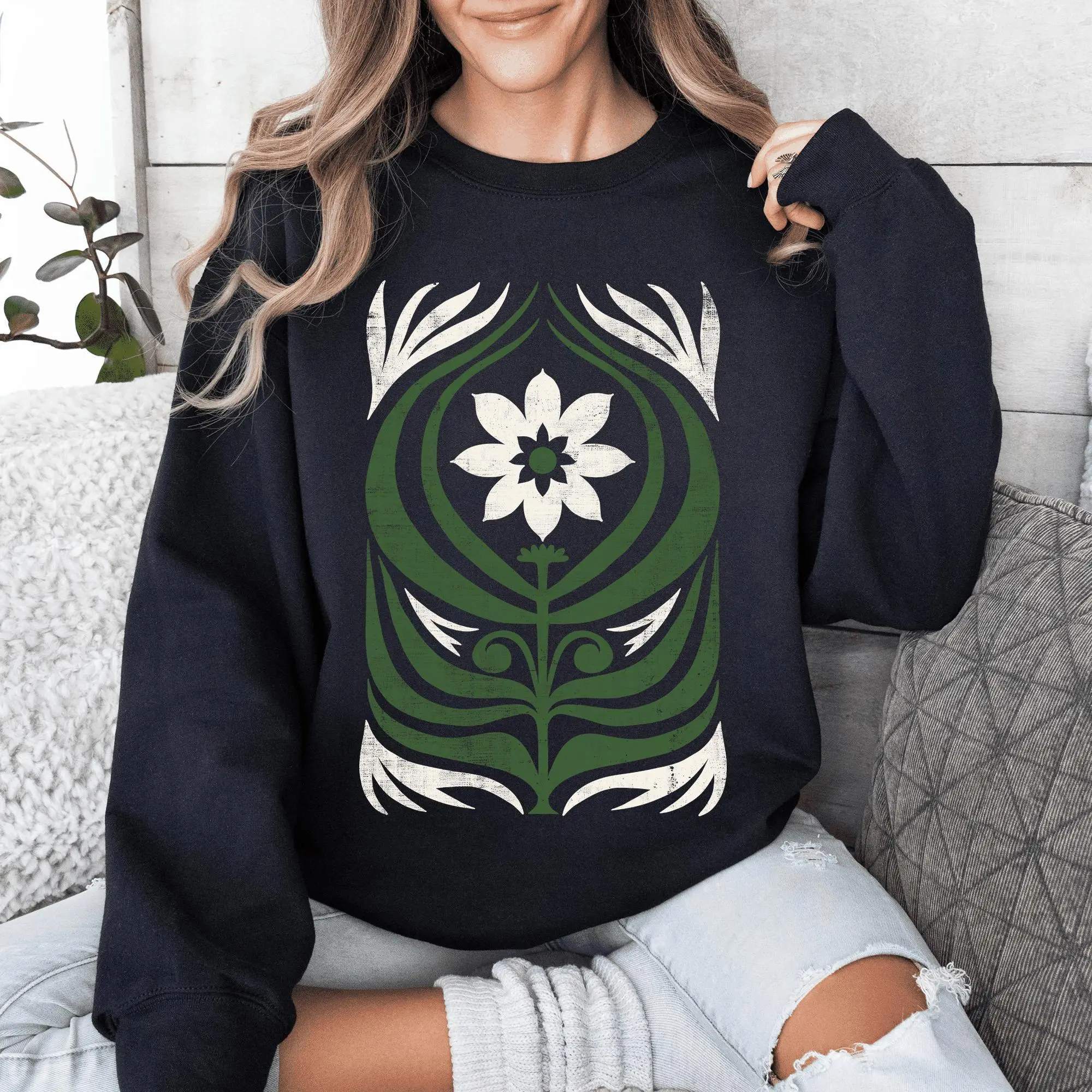White Daisy Floral, Vintage Boho, Nature Sweatshirt