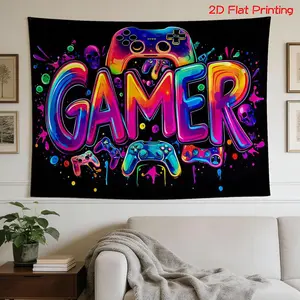 2D Flat Banner Polyester Photography Backdrop, HD digitally printed soft lightweight foldable background cloth featuring a vibrant colorful gamer theme with game controllers and skulls, ideal for video studio, livestream, party de