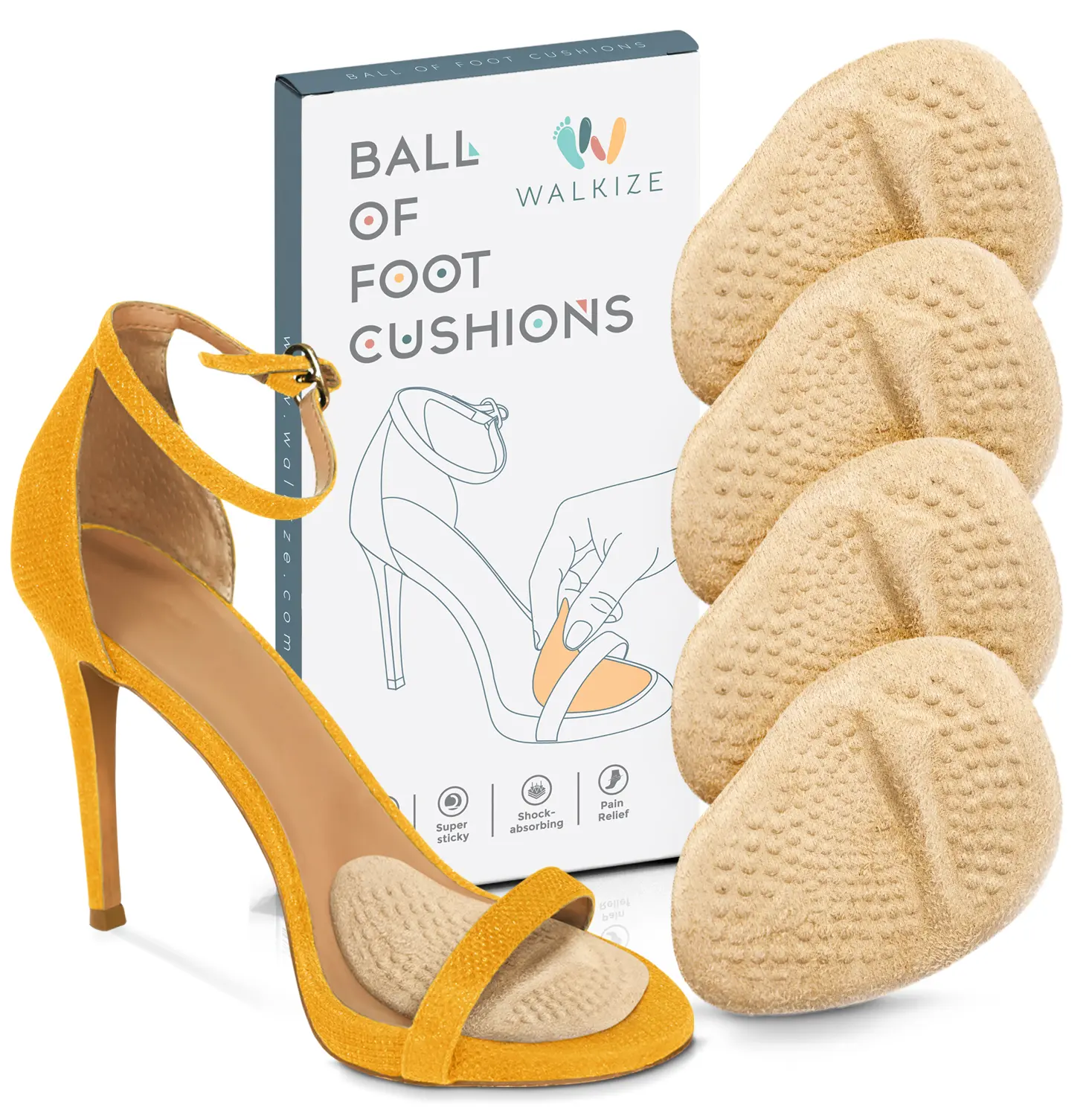 Walkize Metatarsal Pads Heel Inserts for Women Ball of Foot Cushions - 2 Pairs - All Day Pain Relief and Comfort One Size Fits Shoe Insoles Beige Footwear, Soft, Office Wear