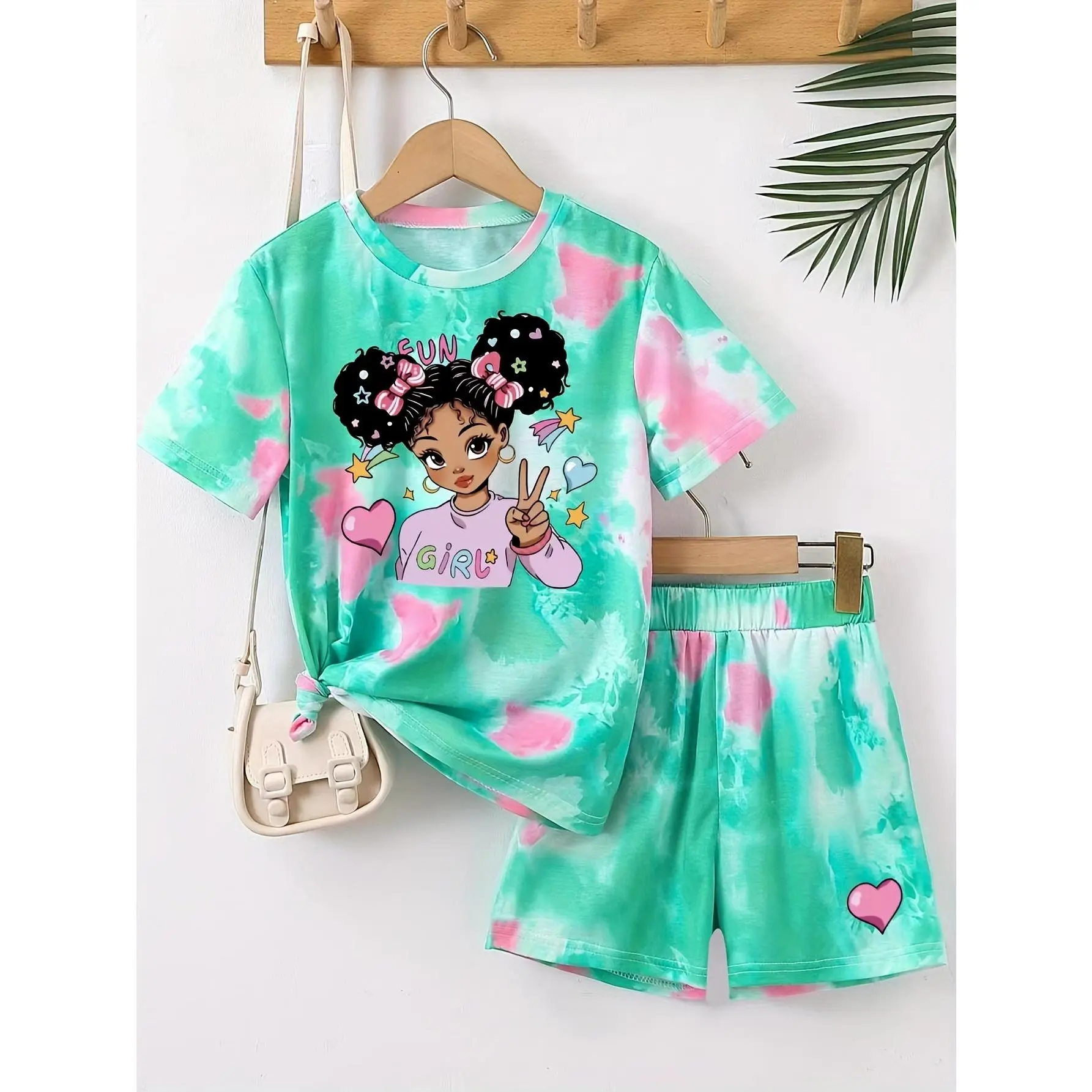 Girls' short-sleeve T-shirt and shorts 2-piece set, 3D printed short-sleeve T-shirt and shorts, cute cartoon pattern, casual, sporty, birthday party outfit, fashionable, comfortable material, machine washable