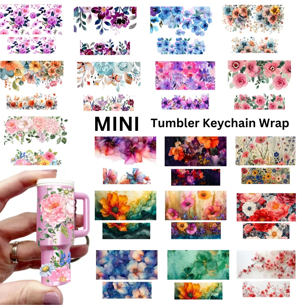 18 Mini UV DTF Keychain Transfer Stickers, Floral Series DIY, 3D Gloss Finish, Fantasy Design, One-Time Use Crystal Plastic Surface, Floral Pattern Sticker Set, Glossy Stickers