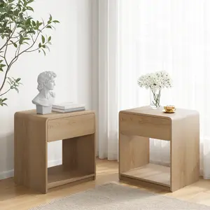 Mid-Century Modern Bedside Table Set of 2, Nightstand with Storage Drawer & Open Shelf, Compact Side Table for Bedroom Living Room, Oak Color