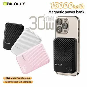 Wireless magnetic power bank, 15000mAh magnetic wireless charging, portable phone charger, 30W PD fast charging, 15W wireless charging, phone charging station, mini wallet accessory, compatible with iPhone and Android.