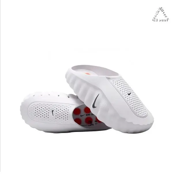 White Mule Slides, Red Cushioning Massage Outsole, Perforated Upper, Pre-Game Recovery Tech Slides Footwear