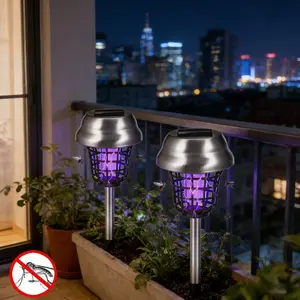 2pcs Solar Mosquito Killer Lamp Outdoor Waterproof LED Insect Zapper with White & Purple Light Modes, Stainless steel material, Solar Powered Wall Garden Bug Control Light with Auto On/Off Sensor and Safety Grid for Patio Balcony Yard, LED Mosquito Trap