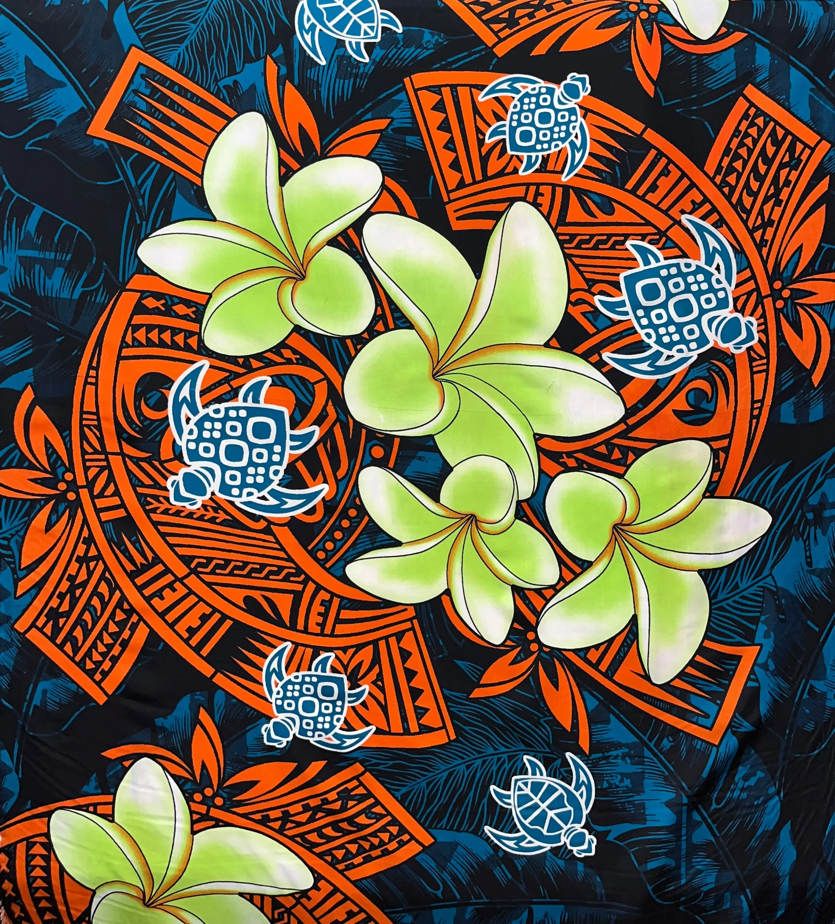 Orange Peachskin Poly Fabric - Full Pattern Floral Tropical Traditional Plumeria Tribal Motif, 44/45 inches x 36 inches Continuous Piece, Smooth Texture Hawaiian Vibe Textile for Sewing, Soft Furnishings