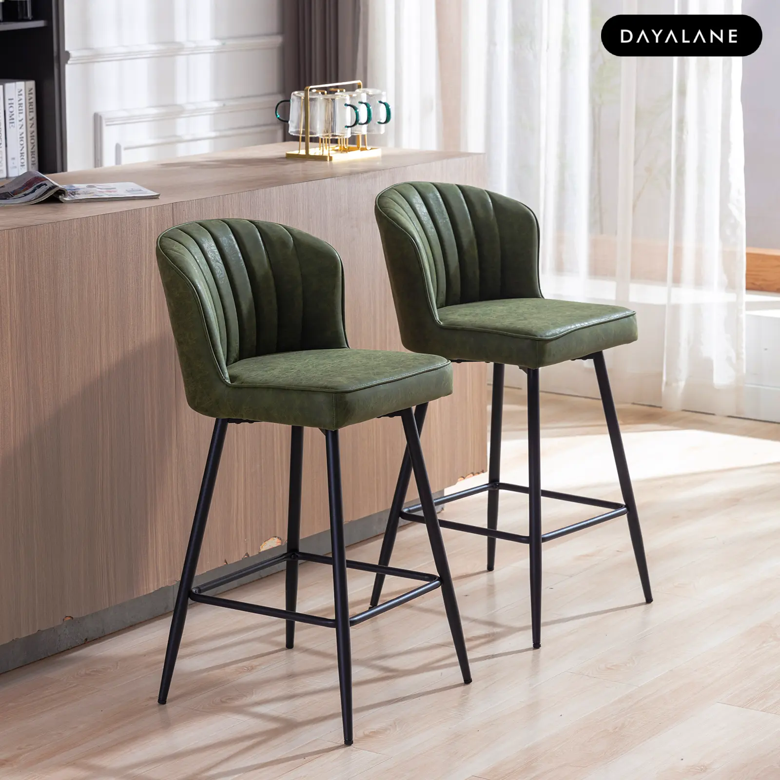 [BackToSchool]DAYALANE 25.5 Inch Modern Green Counter Stool (Set of 2) Armless Bar Chairs with Metal Legs Mid Century Upholstered Kitchen Island Chairs Fixed Back PU Faux Leather Ergonomic Design Stable Base