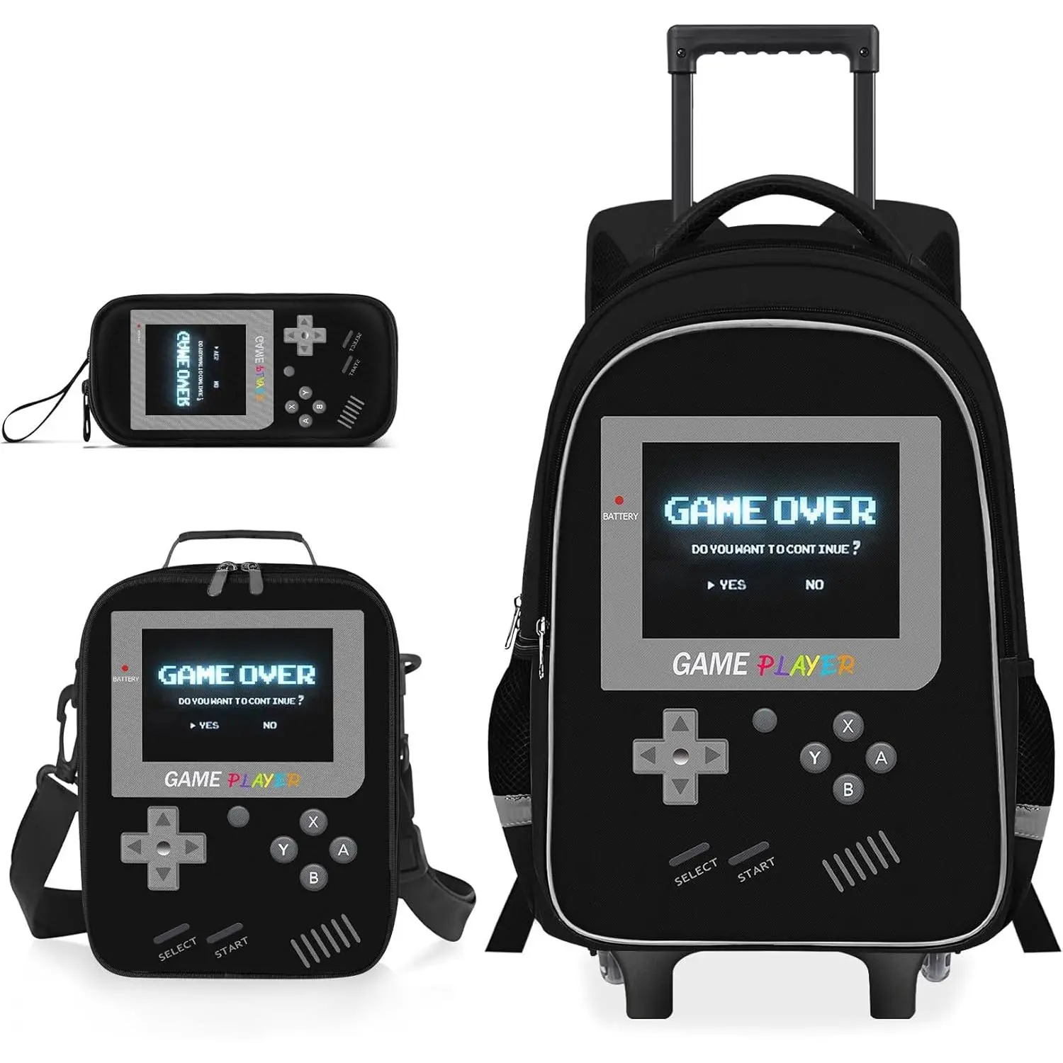 Boys' Gamer-Themed Rolling Backpack, 3-Piece Water-Resistant Nylon School Set with Lunch Box, Ergonomic Wheeled Bookbag with Adjustable Handle, 3Pcs Set, Easy To Clean, Ergonomic Design, Nylon Fabric, Quiet Wheels, Low Center Of Gravity