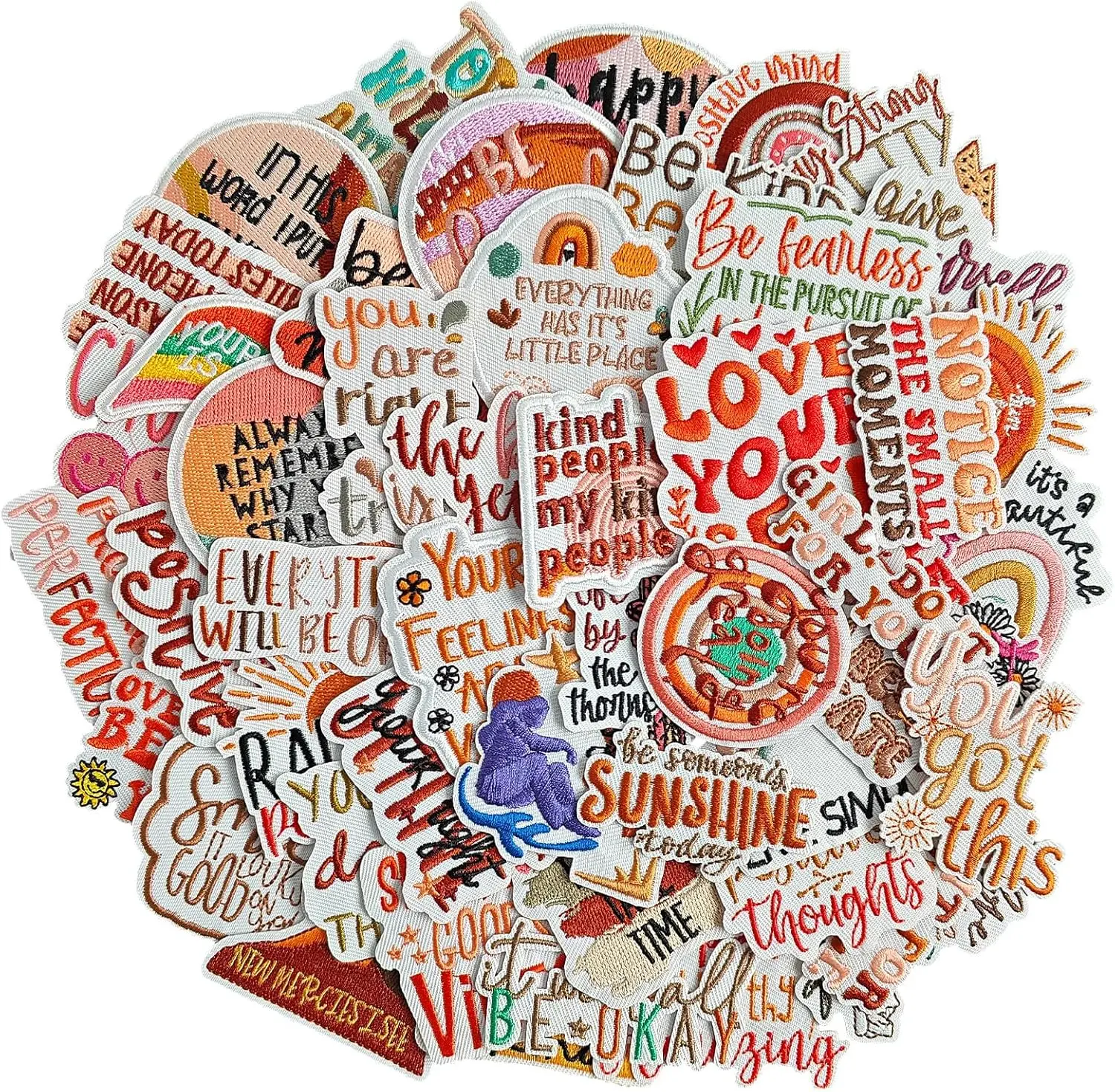50 Boho Embroidery Iron-On Patches Set - Exquisite Embroidered Sewing Accessories with Encouragement, Positive Quotes, Affirmation Texts for DIY Enthusiasts, DIY Clothing, Hats