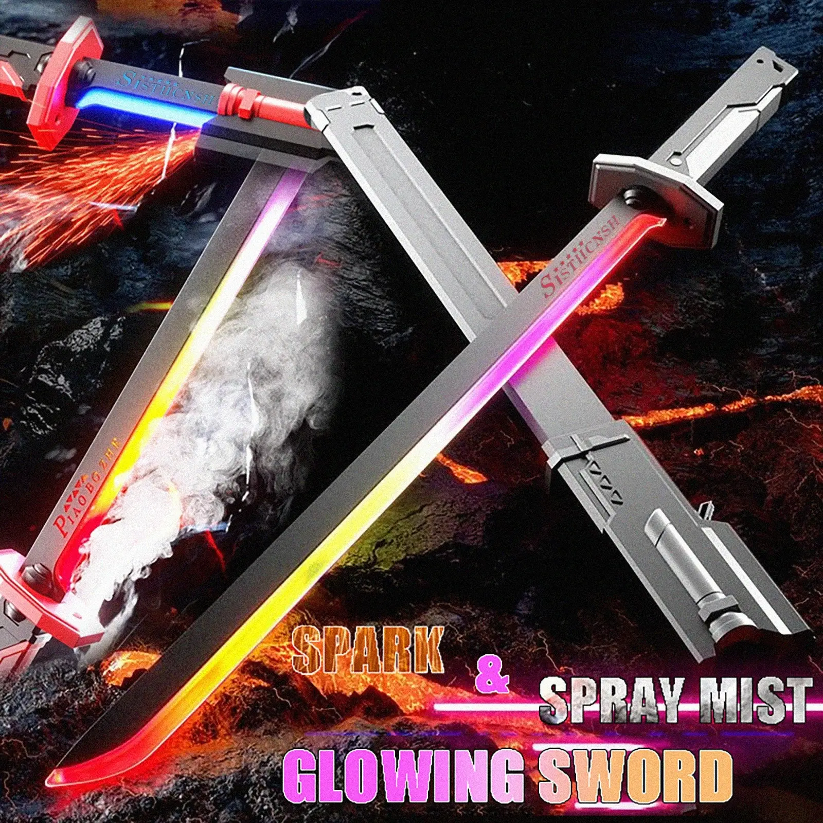 31.5in Interstellar Light Up Saber Samurai Sword - Type-C Rechargeable Built-in Li-ion Cells, 8-Color LED Modes, Sound, Spark & Fog Effects, Black Lightsaber LED Lights, Cosplay Gear for 3+ Years