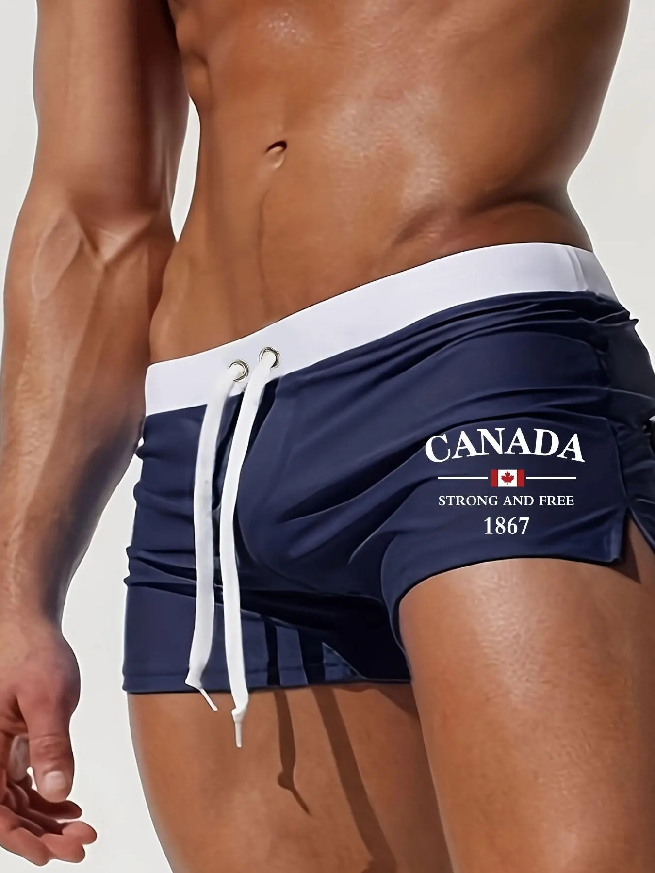 High Stretch Solid Color Swim Trunks, Swimming Trunks - Men's Skinny Fit with Drawstring - Polyamide 82% & Elastane 18%, Side Zipper Pockets, Modest Style for Beach & Vacation, Summer Swim Bottoms
