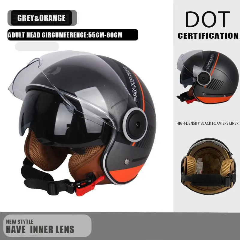 3/4 Open Face Motorcycle Helmet with Inner Sun Visor, 53-61cm Universal Fit Helmet for Men Women, Scooter & Moped Riding Gear