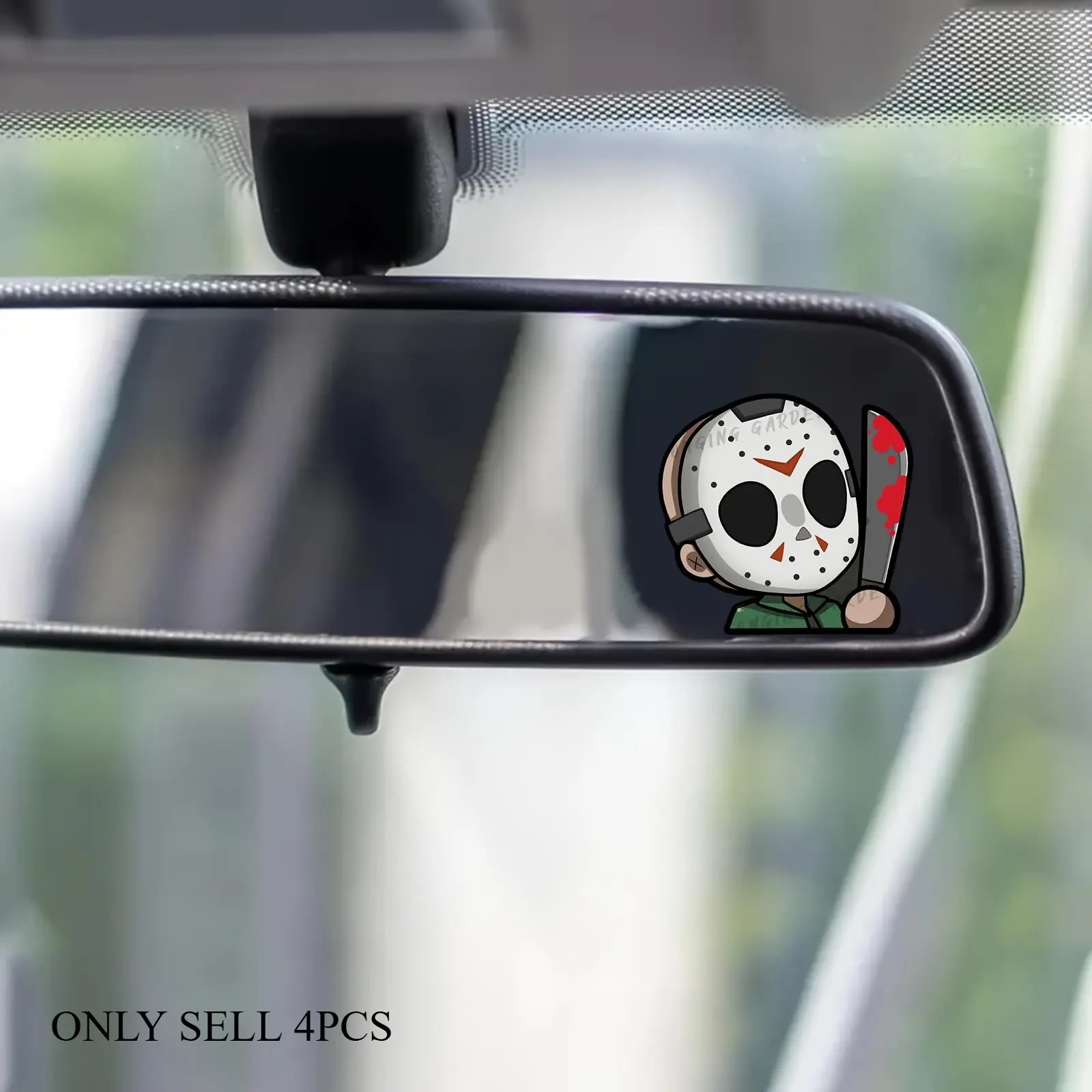 4PCS/SET Dark Cute Jason Rearview Mirror Sticker, Car Stickers, Aesthetic Car Accessory, Car Accessories Cute, with Q-version Jason + classic elements, a 'dark cute pet'