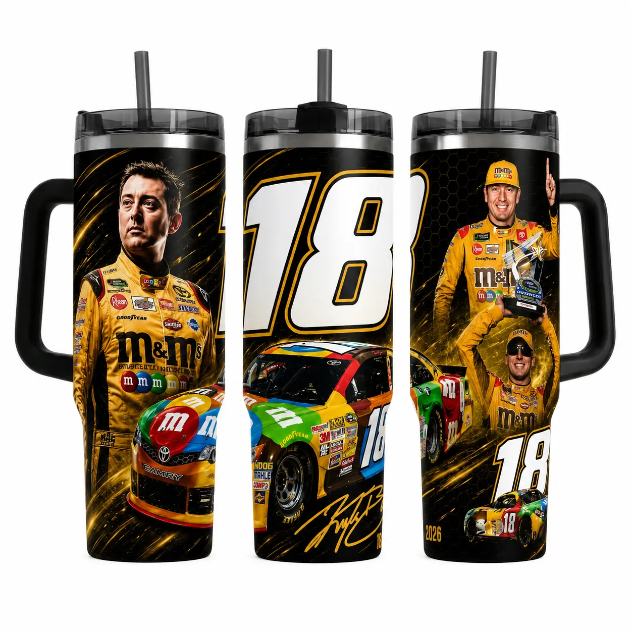 Kyle Busch Inspired 18 Number Racing Fan Tumbler - 40oz/30oz Kitchenware Drinkware Water Bottle, Checkered Flag Race Day Gift for Dad (Straw Not Included),Optical,Insulated,Stainless,Steel,with,strap,Constellation,Handle