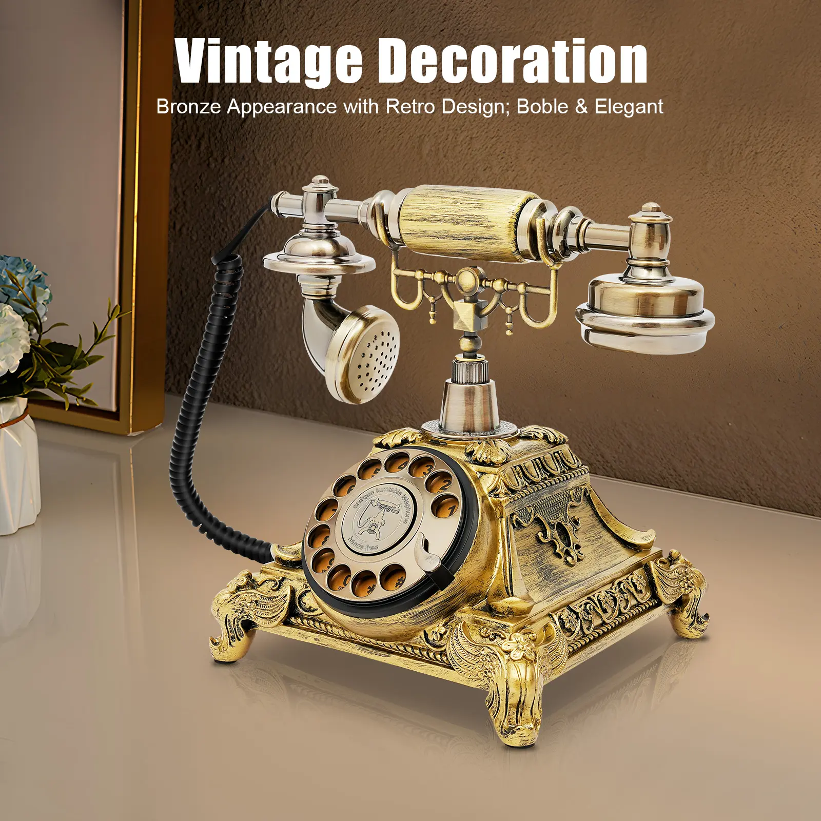 Vintage 3D Corded Rotary Retro Telephone (25.5*17.5*20.5cm), Freestanding Single Unit with Bronze Resin&Zinc Alloy Build, HD Noise-Canceling Calls, Household Decor for Home Café, Ideal Housewarming Gift for Friends, 1 Retro Telephone