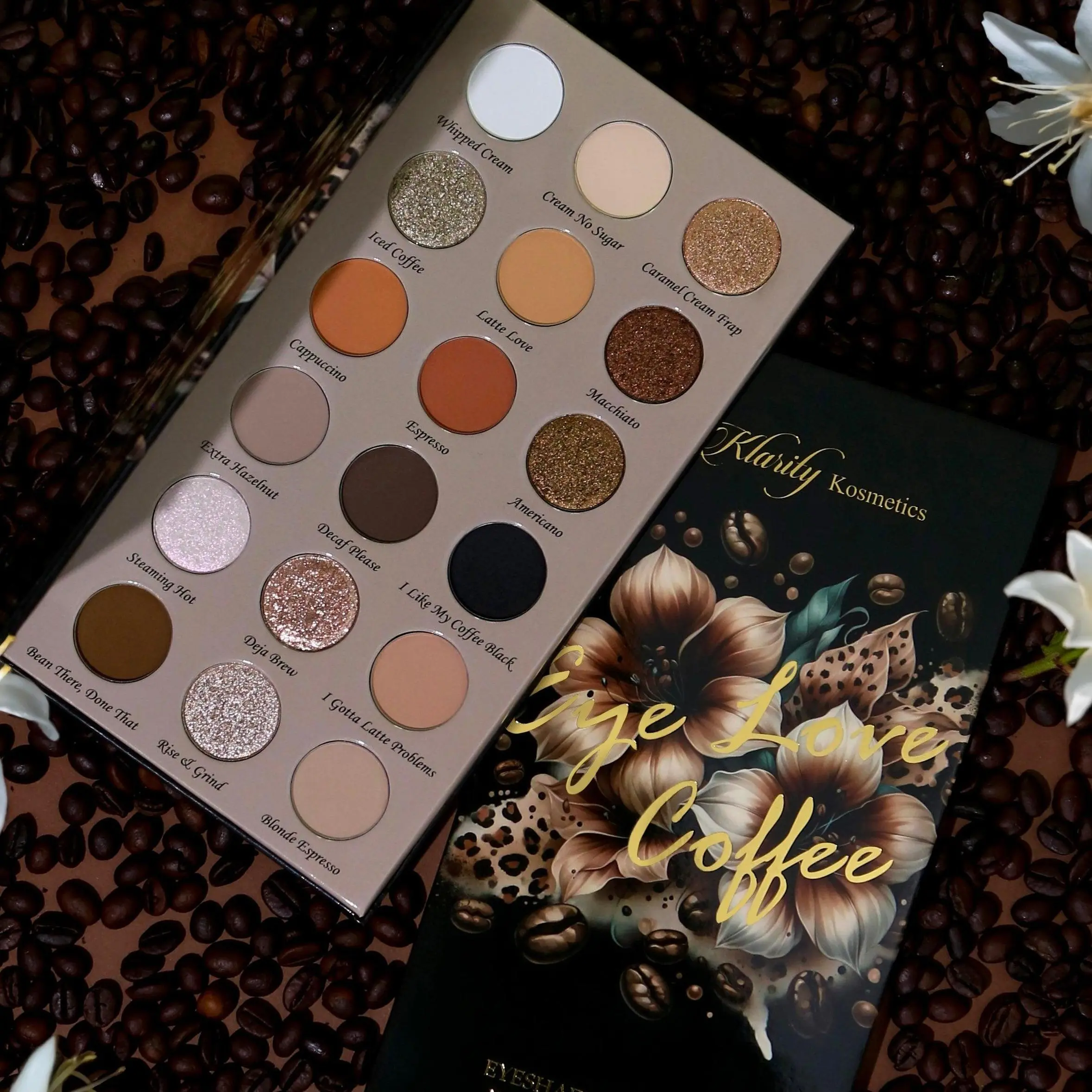 Eye Love Coffee - Eyeshadow Palette - 18 Stunning Shades - Klarity Kosmetics Daily Chocolate Lid Blend Beige Caramel Aesthetic Makeup Cookie Matte Cosmetic Cream
