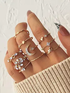 Vintage Boho Style Heart & Moon Decor Ring Set, Fashionable Stackable Rings, Dainty Stacking Rings for Women & Girls, Elegant All-match Fashion Accessories for Daily Wear