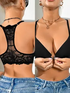Women's Lace Push-Up Bra with Underwire Support, Fitted Plunge Design, Plain Pattern, All-Season Comfortable Lining, Soft Comfy Bra, Lace Bras