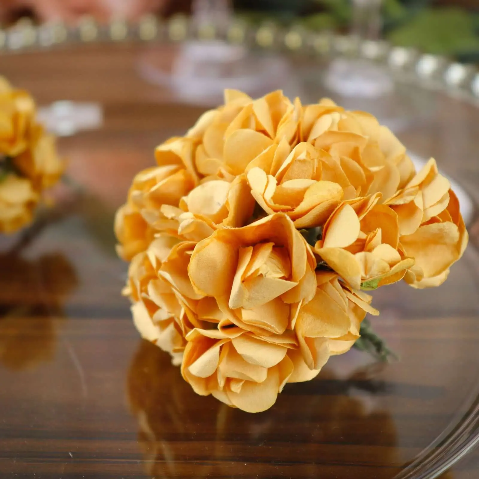 144 Gold Paper Mini Craft Rose Decorative Flowers - DIY Wire-Stemmed Flower Bushes for Home Decor, Ornaments, Tablescapes, Floral Decor, Vase Centerpiece, Wedding Use