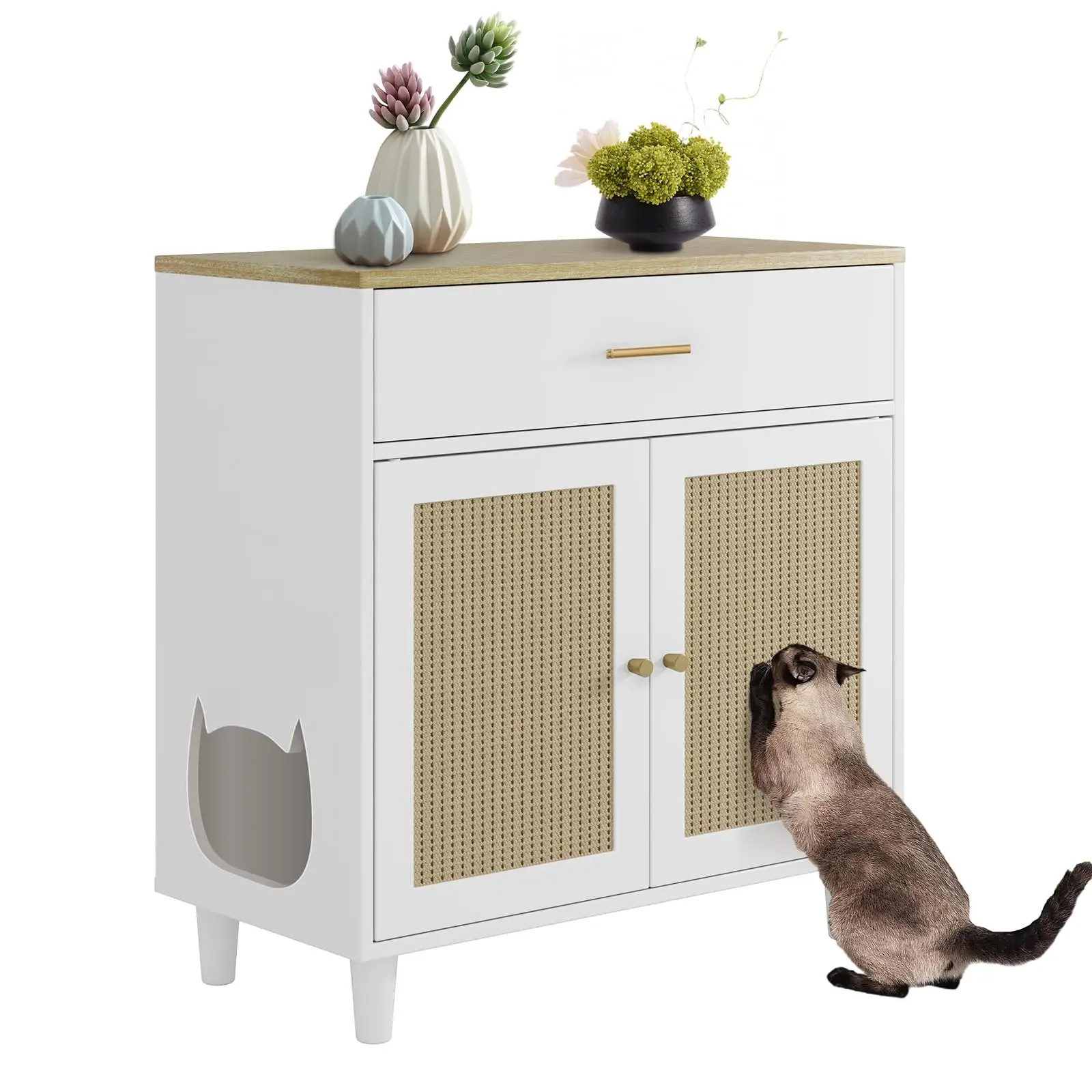 GARVEE Hidden Cat Litter Box Furniture with Storage Drawer, Wood Cats Litter Enclosure Cabinet with 2 Sisal Doors, Hidden Enclosed Kitty Litter Box Cabinet Dog Proof for Living Room White
