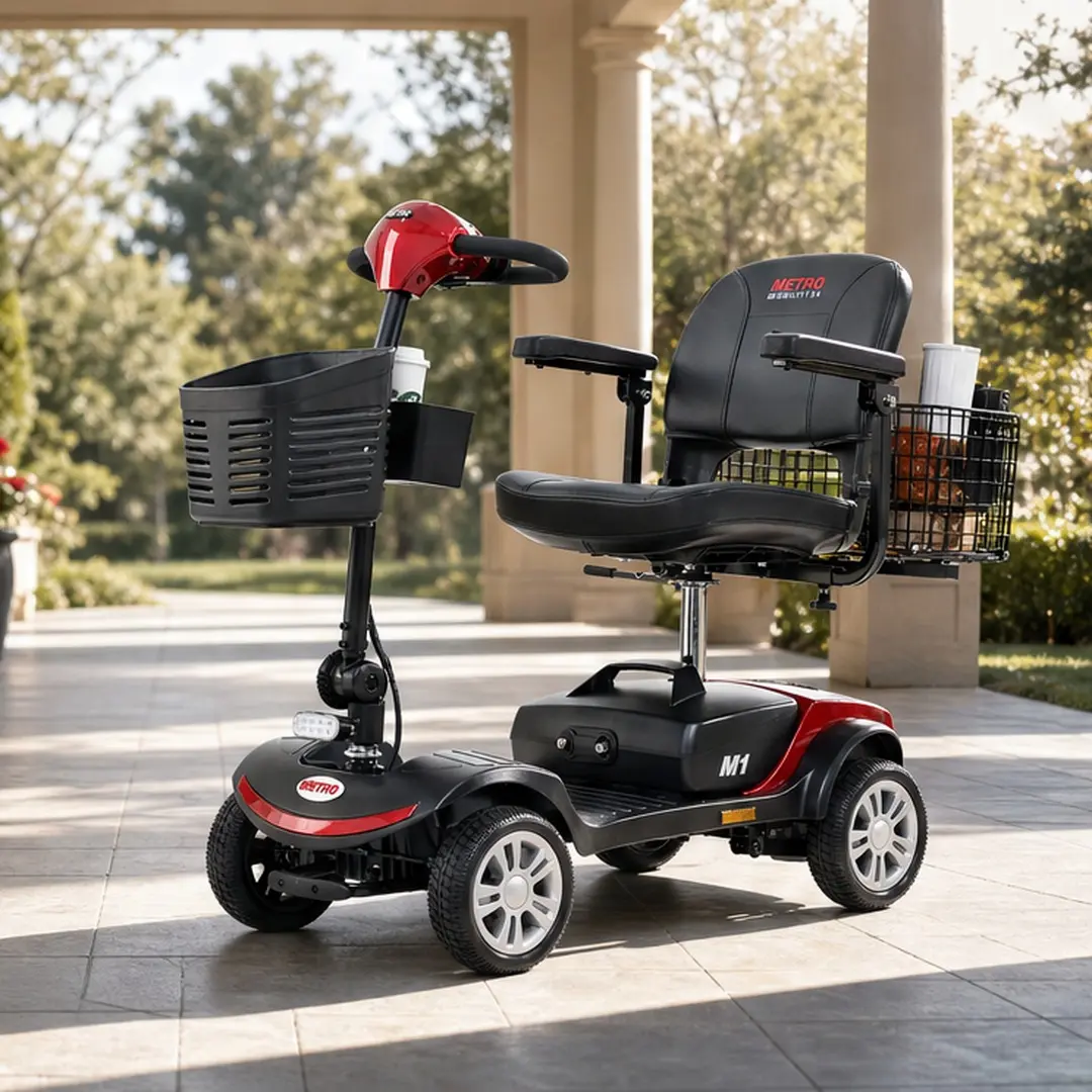Unisex Compact Folding Mobility Wheelchair Scooter for Adults, 300W Motor, 300 lbs Capacity, 4-Wheel Electric, 9" Solid Tires, Rear Suspension, LED Lights, 360° Swivel Seat, Flip-Up Armrests, Intelligent Brake, Multiple Colors