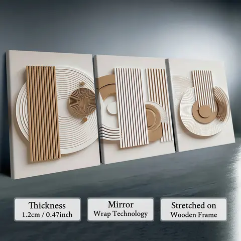 3PCS Modern Wooden-Framed Canvas Wall Art - Artistic Wabi-Sabi Geometric Trio Posters, Waterproof 2D HD-Printed Abstract Artwork, Ready-to-Hang Decoration for Living Room Decorations, Bedroom Home Supplies, Housewarming Gift,sohochic