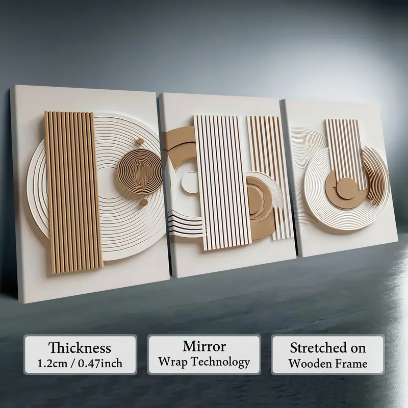 3PCS Modern Wooden-Framed Canvas Wall Art - Artistic Wabi-Sabi Geometric Trio Posters, Waterproof 2D HD-Printed Abstract Artwork, Ready-to-Hang Decoration for Living Room Decorations, Bedroom Home Supplies, Housewarming Gift,sohochic