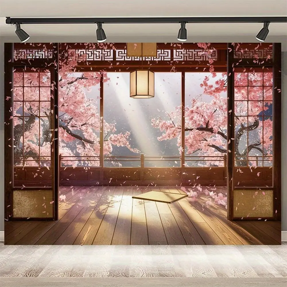 1pc Soft 2D Flat Japanese Cherry Blossom Printing Indoor Flower Wall Backdrop - Durable Polyester Fabric, Electricity-Required Wedding Wall Banner Ornament (White)
