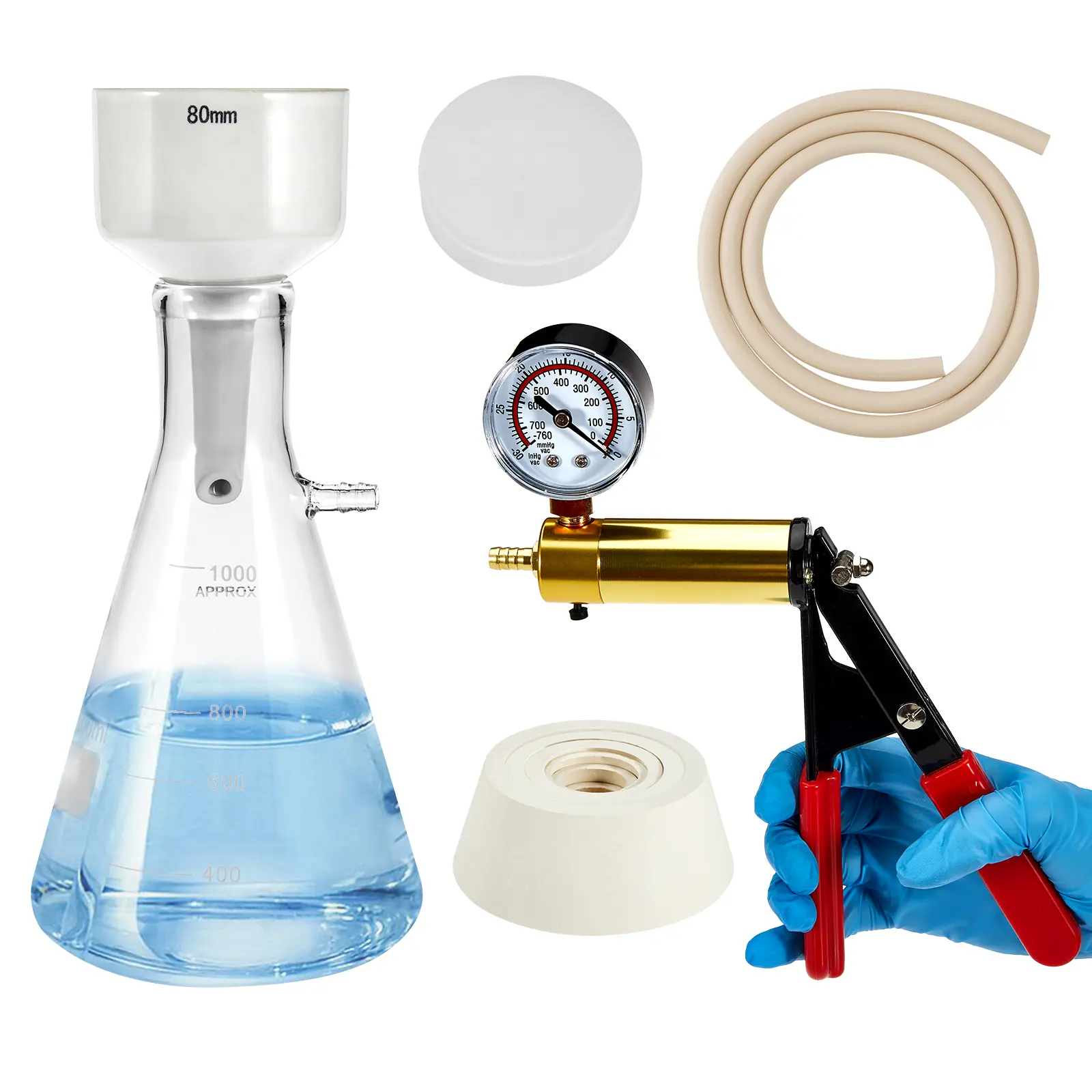1000mL Buchner Funnel Filtration Tools Kit with Hand-held Pump, 1000mL Lab Flask, Rubber Stoppers, 100 Pcs Filter Papers (Vacuum Pump Tool Kits for Lab Use)