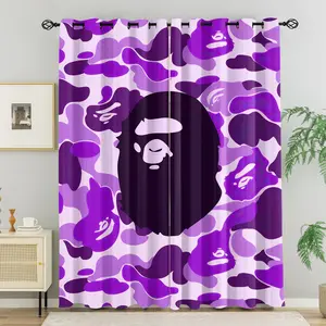 BAPE ABC Purple Camo Ape Head Blackout Curtain Set 2 Pcs, No Rod Needed, Washable Polyester Fabric, Barless, Ideal for Bedroom Living Room Dormitory Insulation & UV, Multi-Functional Home Decor