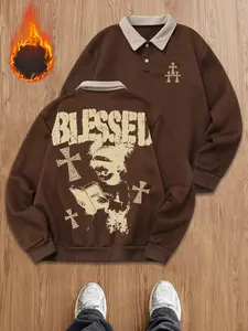 "blessed" Bible Cross Fleece Polo Shirt, Y2K Vintage Religious Style, Oversized Sweatshirt, Lamb Fur Collar, Casual Streetwear