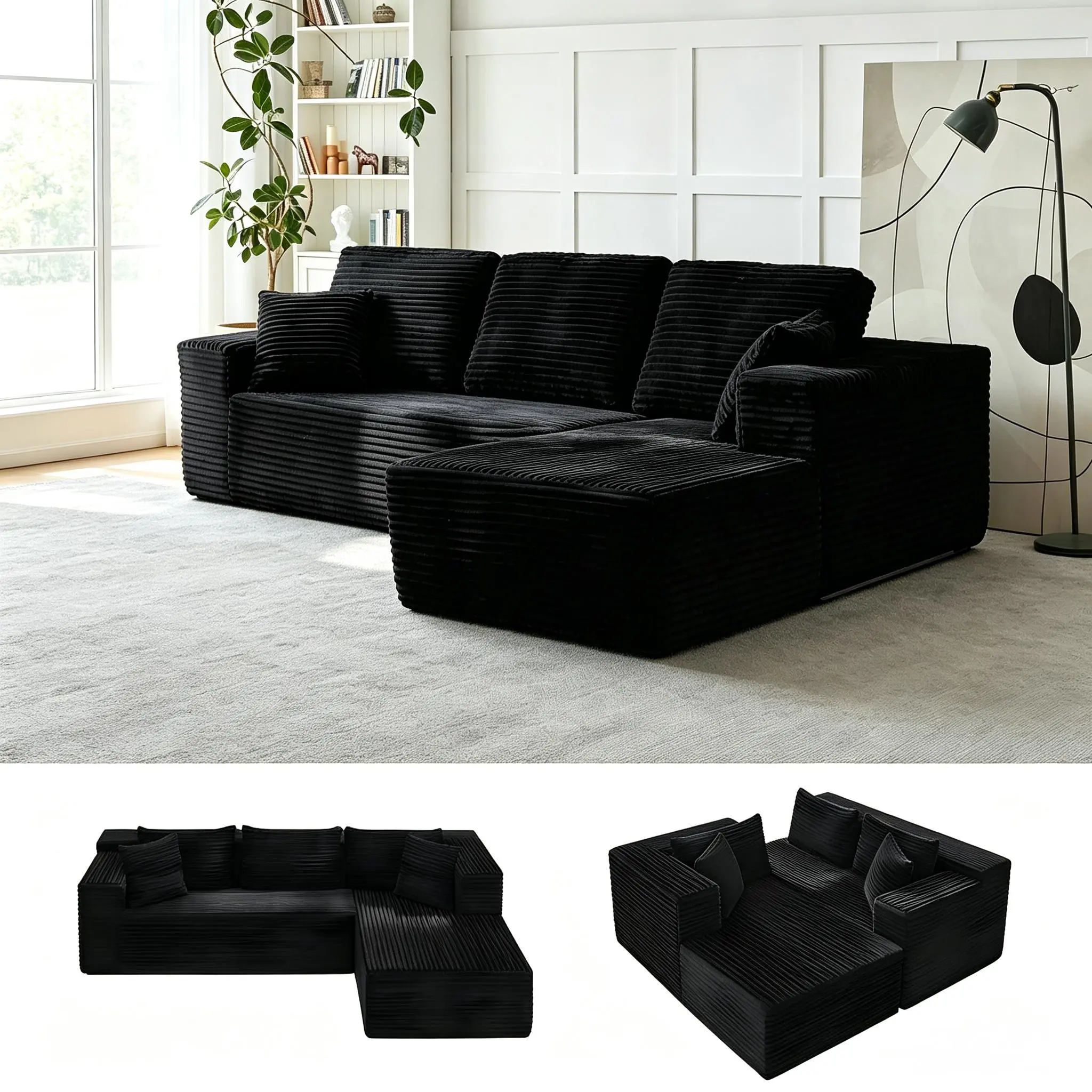 Corduroy L-Shaped Convertible Sectional Chaise Floor Couch - No-Assembly Modular Sofa Chaise, Indoor Upholstered Lounge Sofa, Boneless Expandable Foldable In-a-Box Sleeper with High-Density Foam, Fixed Arms, Cloud-Like Seating for Small Apartments, Indoor