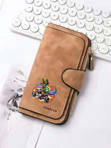 Long wallet Dinosaur riding flaming truck pattern fashion card case, snap closure, zipper wallet|Themed graphic wallet