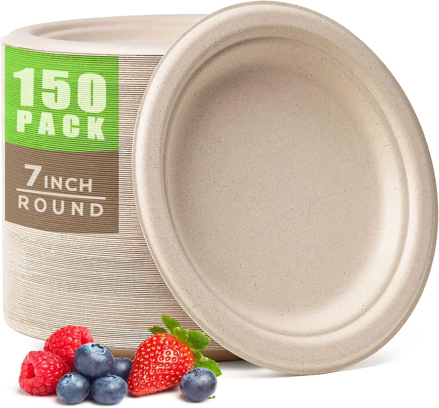 150pcs 7 Inch Compostable Sugarcane Fiber Plates, Heavy-Duty Disposable Biodegradable Plates - Cookware