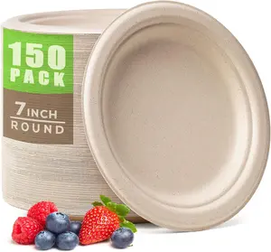 150pcs 7 Inch Compostable Sugarcane Fiber Plates, Heavy-Duty Disposable Biodegradable Plates - Cookware