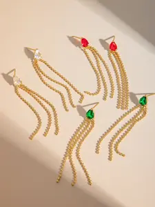 Ladies' Gold-Plated Stud Earrings Exquisite and Elegant Style Earrings 18k Gold-Plated Stainless Steel Waterproof Green, White and Red Teardrop-Shaped Crystal Zirconium Tassels Bohemian-Style Jewelry Essential Stud Earrings for Banquets, Vacations and Oth