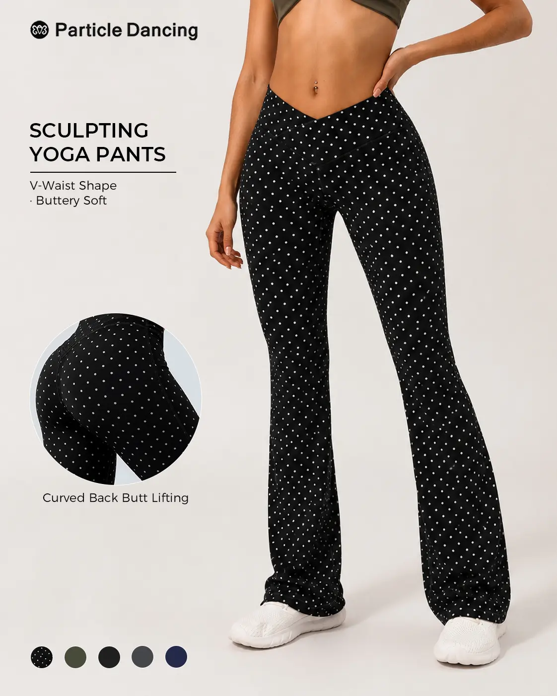 Women's High-Rise Flare Leg Pants with V-Waist Cut, Textured Polka Dot Stretch Poly Sculpt Fabric, Sportswear for Pilates, Workouts