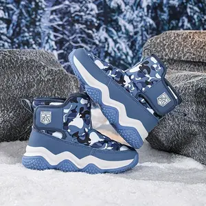 Kids Top Snow Boots Boys and Girls, Winter Warmth Outdoor Traction, TPR Sole, Hook & Loop Closure, Camouflage Pattern, Upper & Lining, Round Toe, Trendy Wave Design with Tassel & Flower Embellishments