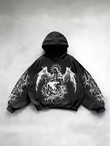 Men's Loose Long Sleeve Hoodie Set with Geometric Graphic Gothic Demon Wings Print, Cross Print Hoodie, Dark Street Style, Casual Fit, Spring & Fall Fashion Sweatshirts