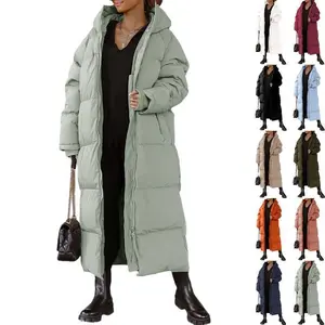 Women’s long quilted hooded puffer jacket, maxi length with long sleeves; padded winter outerwear made from warm, thick fabric with a windproof design and pockets—ideal for cold days, daily wear, outdoor activities, and errands.
