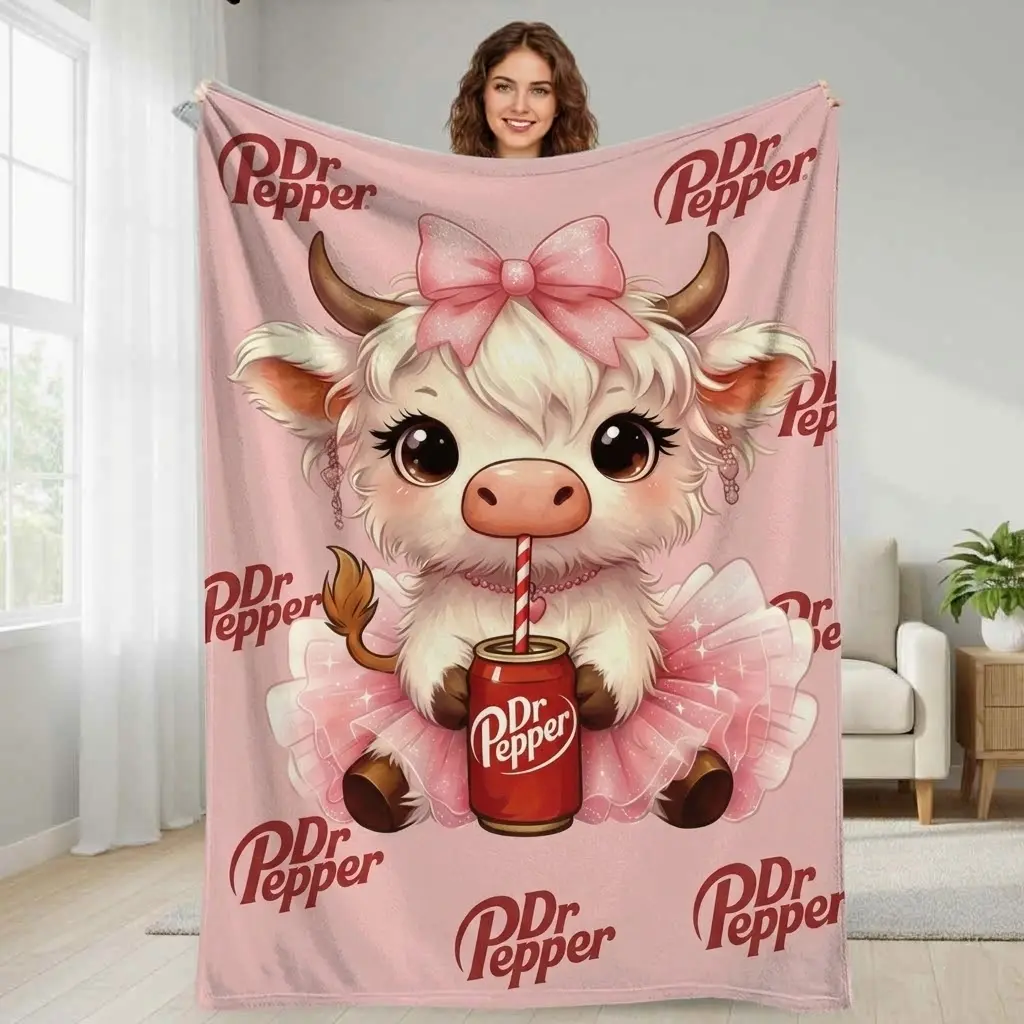 Dr Pepper Durable Fleece Blanket, Bull-and-Cow Print, Pink Bow Soda Drink Design, Soft Cozy Plush Lightweight Warm Throw for Sofa Bedroom, Summerwins Gift Decor,back to school,back to school shopping,home decor